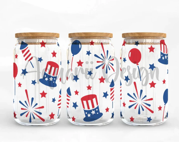 UV DTF Printed Sticker wrap for 16oz Libby glass- 4th of july fireworks