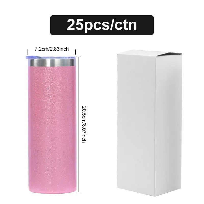 GLITTER Straight Skinny Tumbler with Straw and lid, Sublimation Blank, 20oz, Double Walled, Stainless Steel