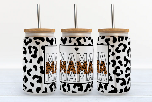 UV DTF Printed Sticker wrap for 16oz Libby glass- Mama with leopard