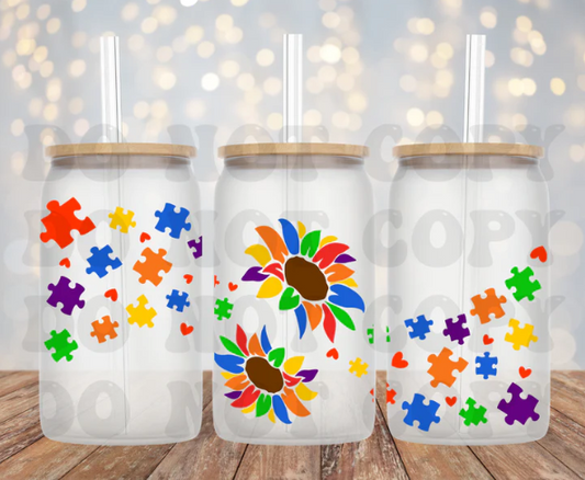 UV DTF Printed Sticker wrap for 16oz Libby glass-Swirl Autism Puzzle