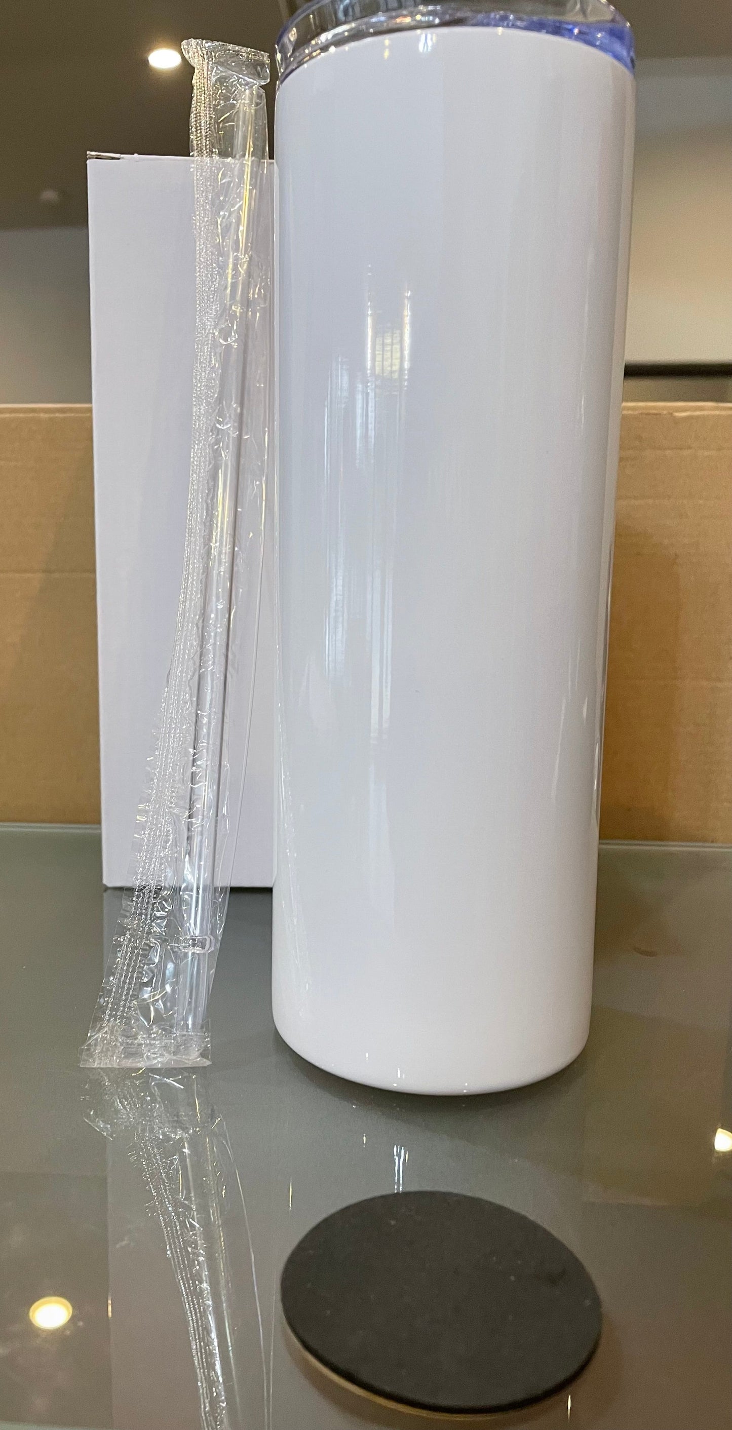 White Straight Skinny Tumbler with Straw, lid, AND ANTI SLIP BOTTOM - Sublimation Blank, 20oz, Double Walled, Stainless Steel