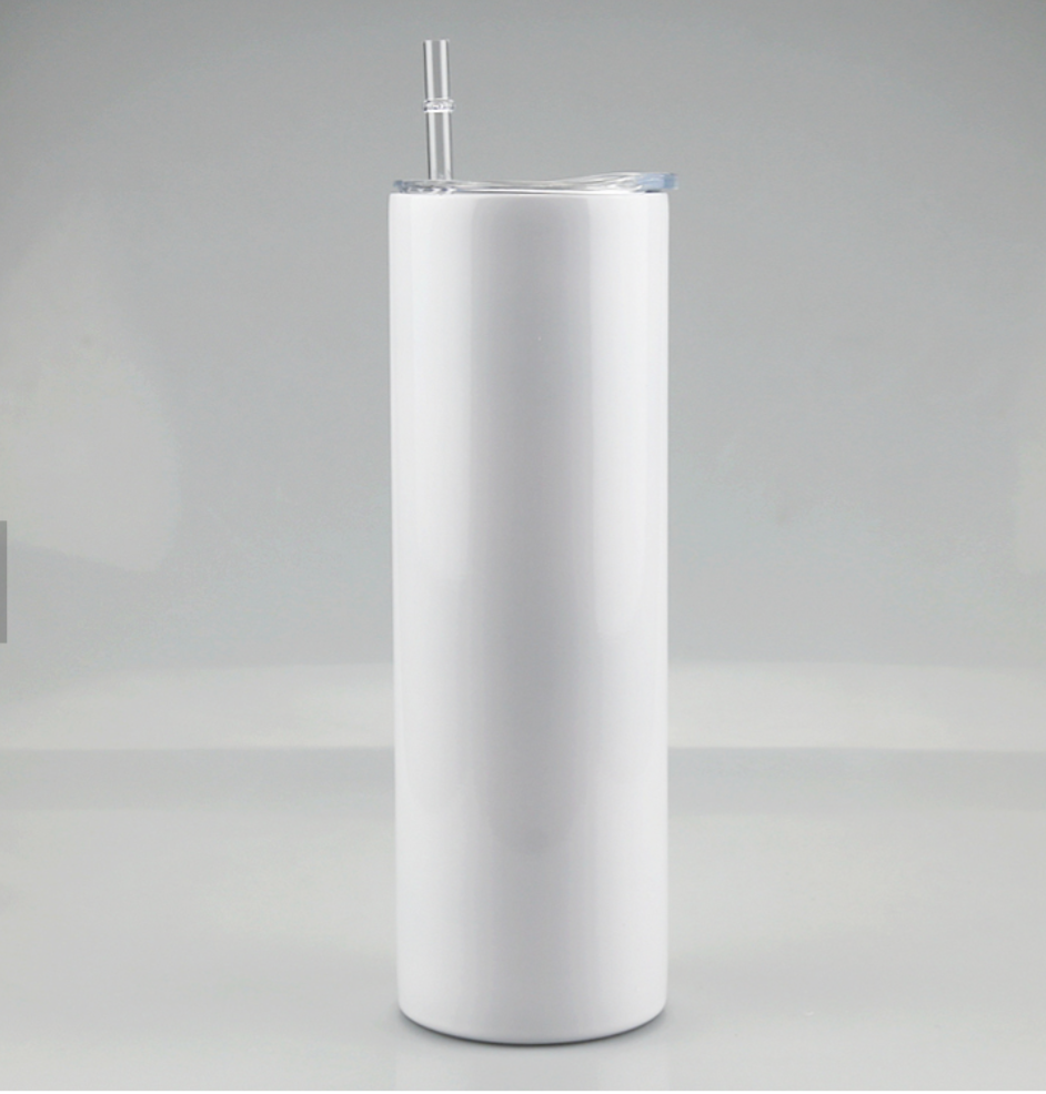 White Straight Skinny Tumbler with Metal Straw and lid, Sublimation Blank, 30oz, Double Walled, Stainless Steel