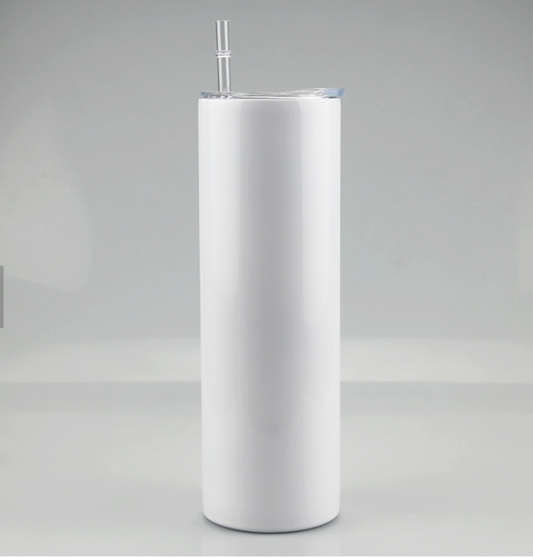 White Straight Skinny Tumbler with Metal Straw and lid, Sublimation Blank, 30oz, Double Walled, Stainless Steel
